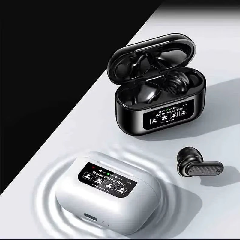 YW08 Wireless Earbuds with Smart LCD Touch Screen, ANC, Waterproof Design, and Built-In Microphone for Sports and Gaming
