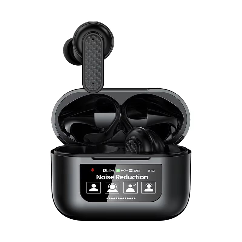 YW08 Wireless Earbuds with Smart LCD Touch Screen, ANC, Waterproof Design, and Built-In Microphone for Sports and Gaming