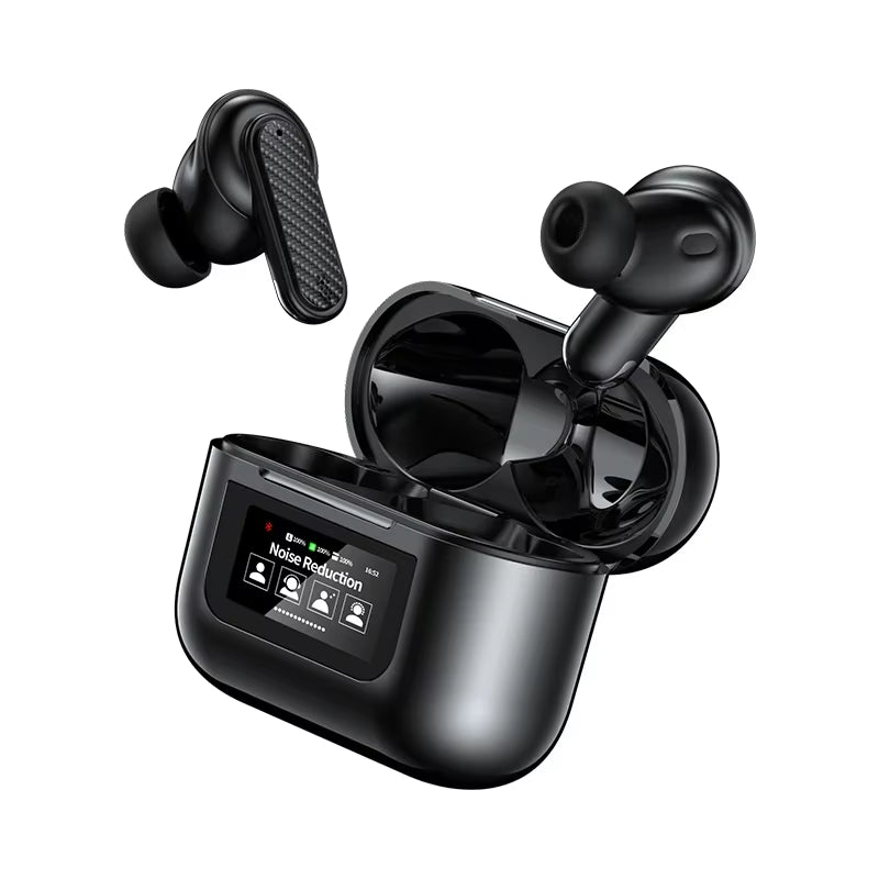 YW08 Wireless Earbuds with Smart LCD Touch Screen, ANC, Waterproof Design, and Built-In Microphone for Sports and Gaming