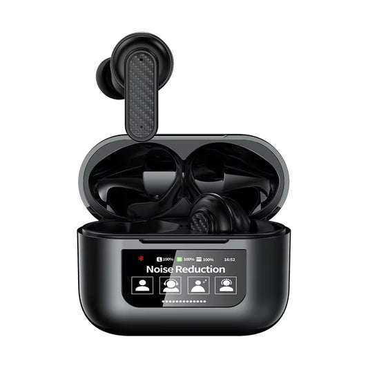 YW08 Wireless Earbuds with Smart LCD Touch Screen, ANC, Waterproof Design, and Built-In Microphone for Sports and Gaming